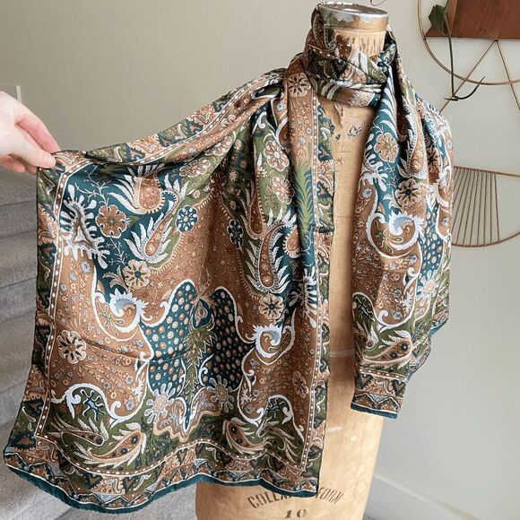 Accessories - Vintage Handwoven 100% Silk Scarf India Paisley Floral Green/Brown Print